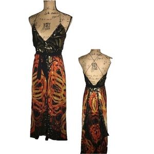 Nicole Miller Collection Metallic Silk Strappy Maxi Dress Black & Orange Size 0